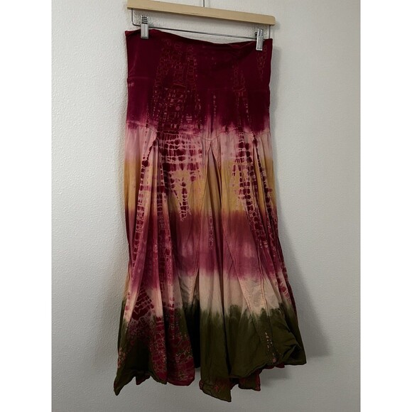 Solitaire Tie Due Maxi Skirt Flowy Pink Green  Boho Hippie Comfort Waist Size L - Picture 4 of 8